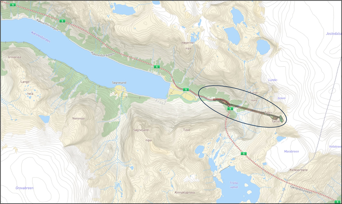 Kartutsnitt som viser planområdet frå rv.5 og til Tverrfjellet - Klikk for stort bilete