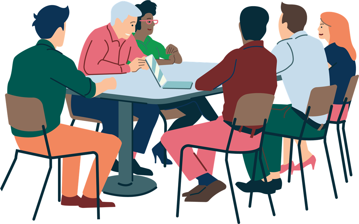 Personar i møte. Illustratør: Gregory Idehen - Klikk for stort bilete