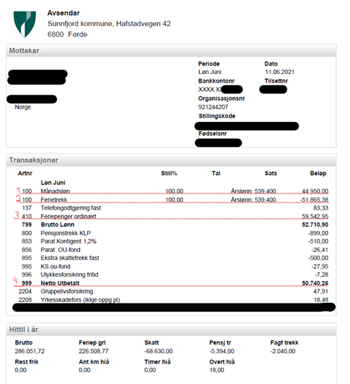 Bilde viser korleis ordinær lønnslipp for juni ser ut - Klikk for stort bilete